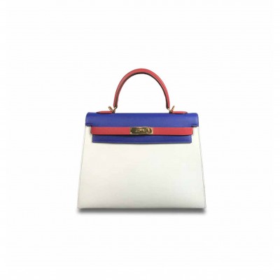HERMÈS KELLY 28 ELECTRIC BLUE WITH WHITE AND CHINESE RED GOLD BUCKLE (28*22*10cm) 
